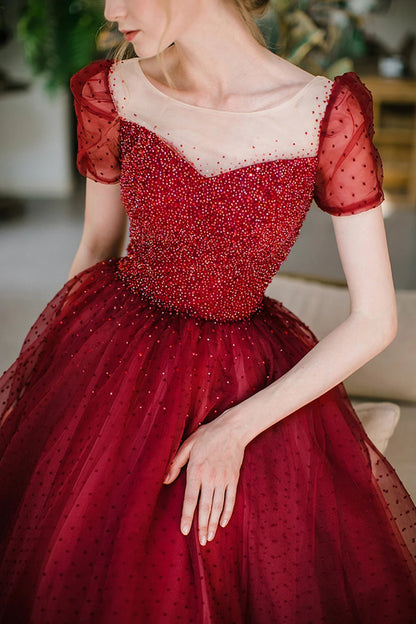 Red Tulle Prom Dresses with Sheer Illusion Neckline Beaded Bodice Polka Dot Tulle Skirt Puff Sleeves and Lace Up Back