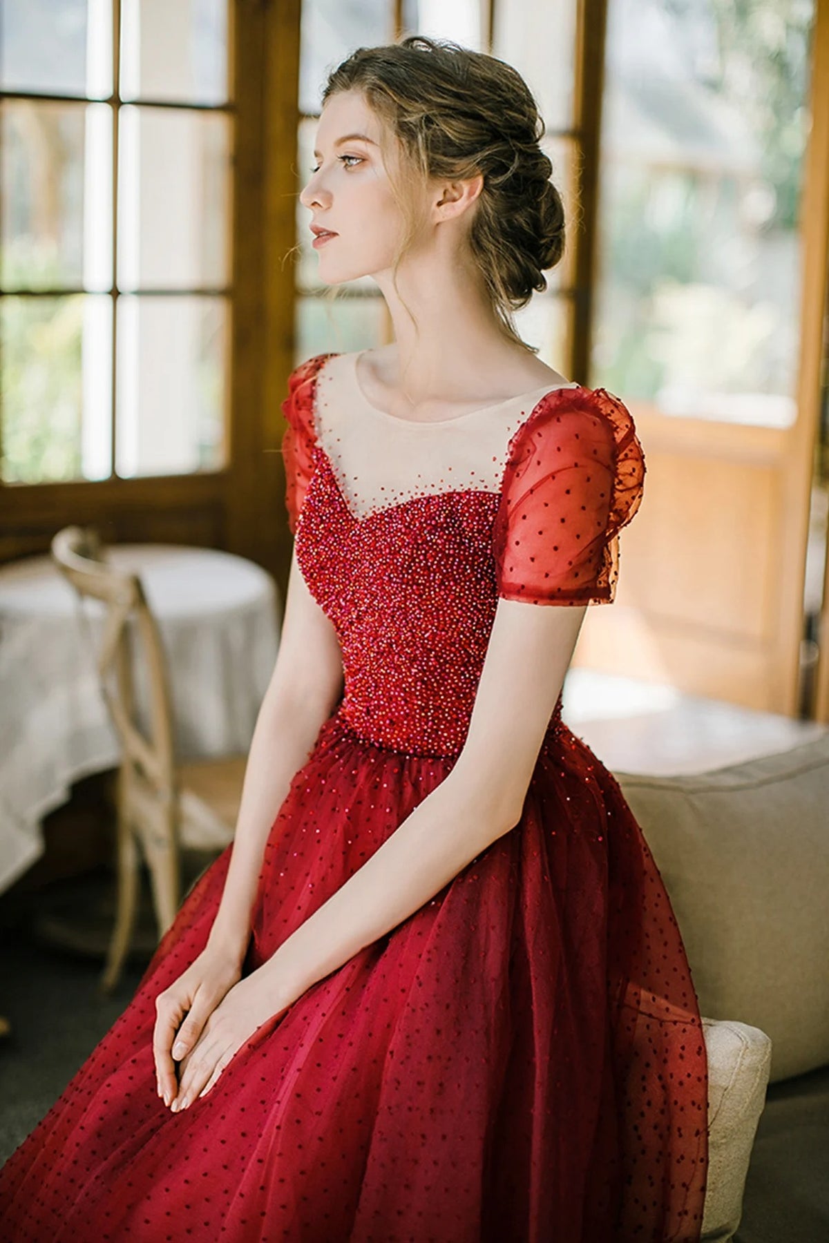 Red Tulle Prom Dresses with Sheer Illusion Neckline Beaded Bodice Polka Dot Tulle Skirt Puff Sleeves and Lace Up Back