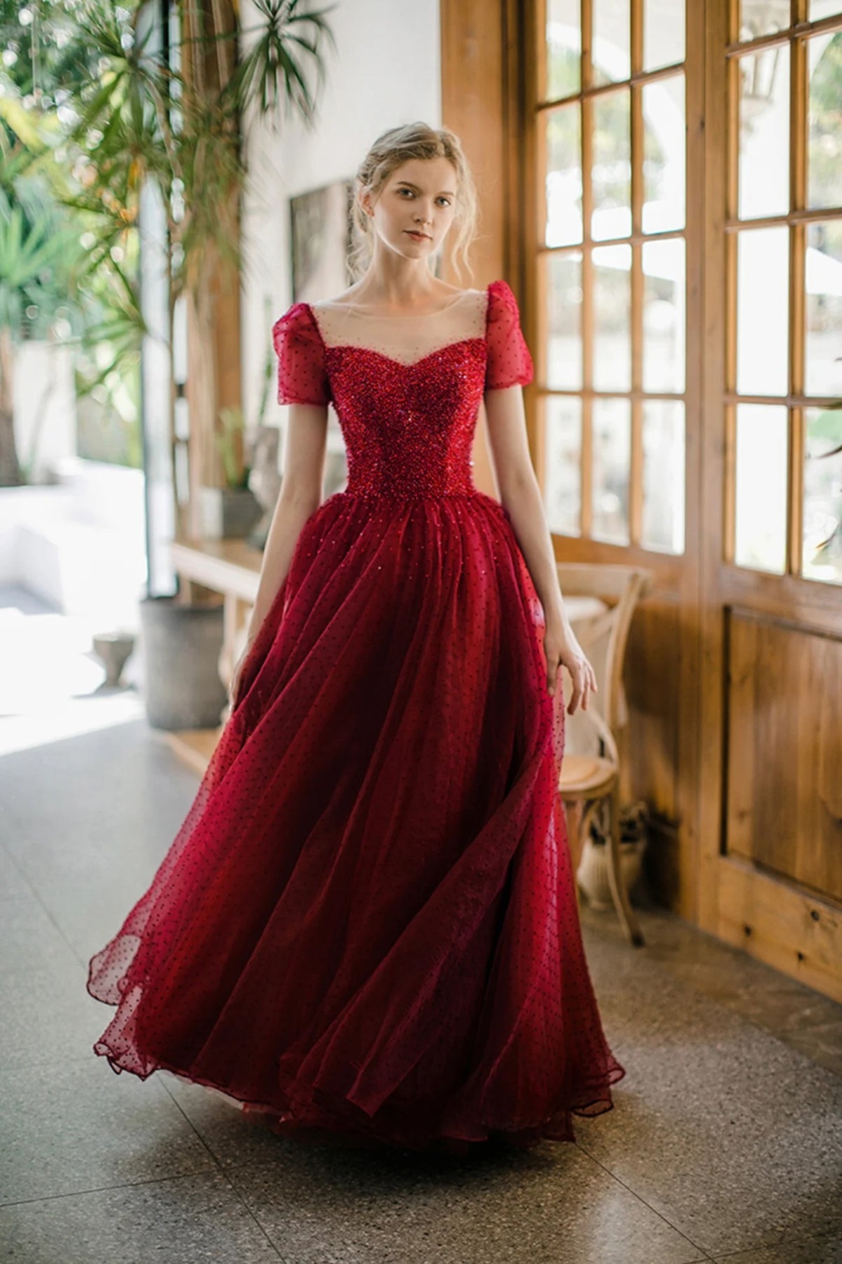 Red Tulle Prom Dresses with Sheer Illusion Neckline Beaded Bodice Polka Dot Tulle Skirt Puff Sleeves and Lace Up Back