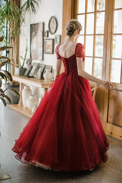 Red Tulle Prom Dresses with Sheer Illusion Neckline Beaded Bodice Polka Dot Tulle Skirt Puff Sleeves and Lace Up Back