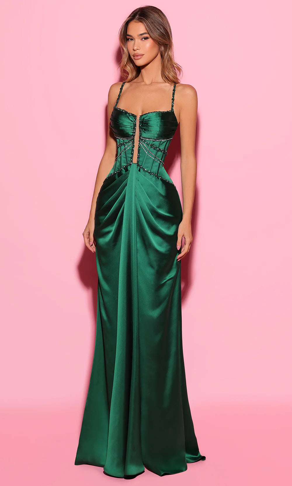 Regal Emerald Green Satin Spaghetti Strap Rhinestone Cutout Ruched Bodice Fitted Mermaid Evening Dress