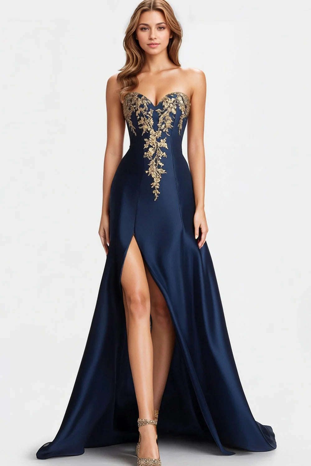 Regal Navy Satin Strapless Gold Embroidery High Slit Ballgown Evening Dress