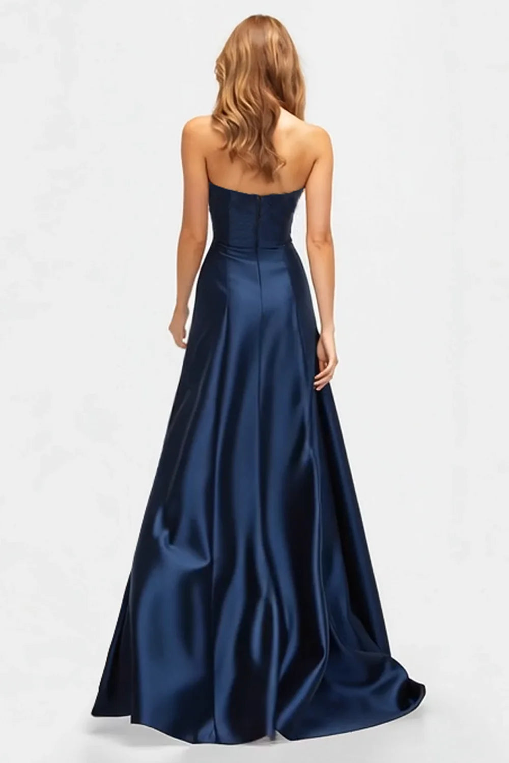 Regal Navy Satin Strapless Gold Embroidery High Slit Ballgown Evening Dress