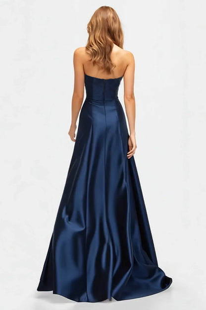 Regal Navy Satin Strapless Gold Embroidery High Slit Ballgown Evening Dress