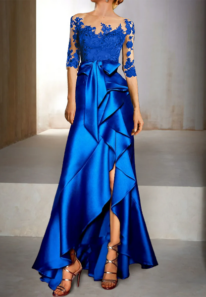 Regal Royal Blue Satin Mermaid with Lace Illusion Bodice and Oversized Bow Accent Evening Dress