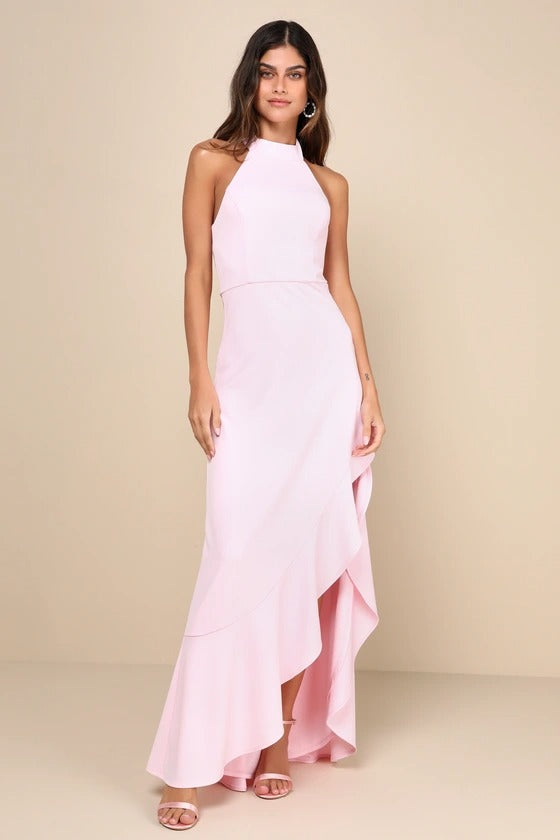 Romantic Blush Pink Halter Neck Ruffle Hem Bridesmaid Dress