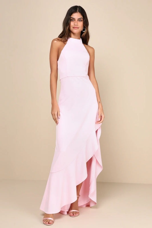 Romantic Blush Pink Halter Neck Ruffle Hem Bridesmaid Dress