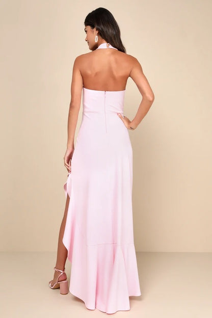 Romantic Blush Pink Halter Neck Ruffle Hem Bridesmaid Dress