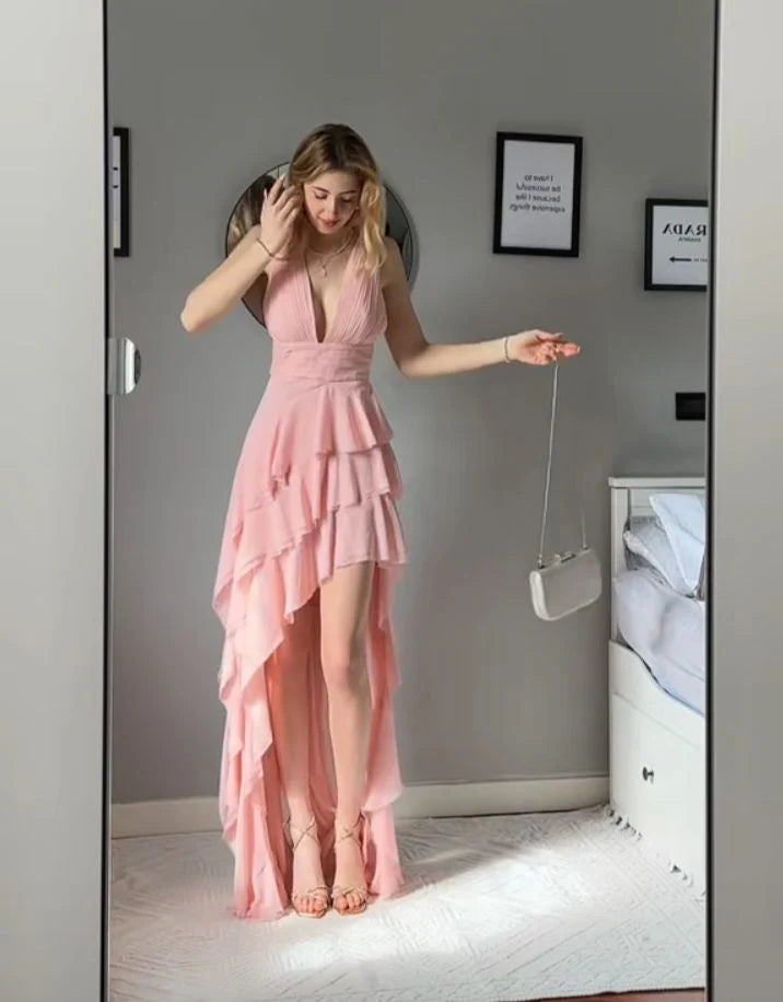 Romantic Blush Pink Halter V-Neck Ruffle Layered Asymmetric High-Low Prom Dress