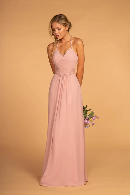 Romantic Blush Pink Halter with Lace Applique Bodice, Ruched Waist and Flowy A-Line Evening Dress