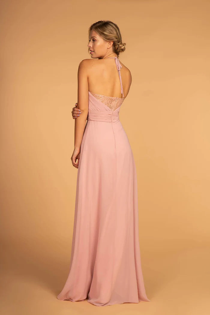 Romantic Blush Pink Halter with Lace Applique Bodice, Ruched Waist and Flowy A-Line Evening Dress