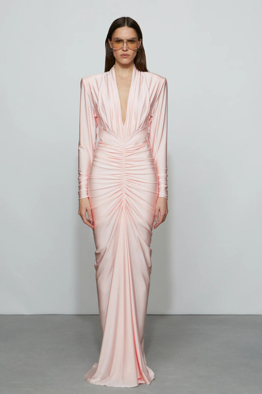 Romantic Blush Pink Satin Plunge V-Neck Long Sleeve Ruched Floor-Length Evening Dress