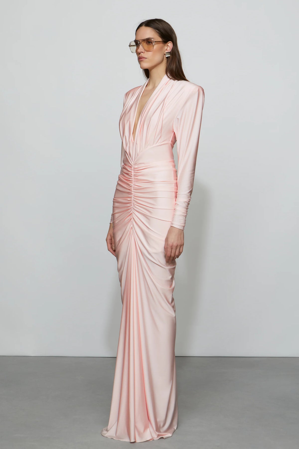 Romantic Blush Pink Satin Plunge V-Neck Long Sleeve Ruched Floor-Length Evening Dress