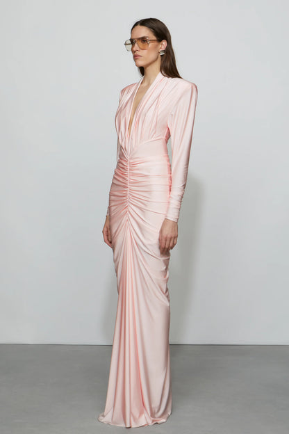 Romantic Blush Pink Satin Plunge V-Neck Long Sleeve Ruched Floor-Length Evening Dress