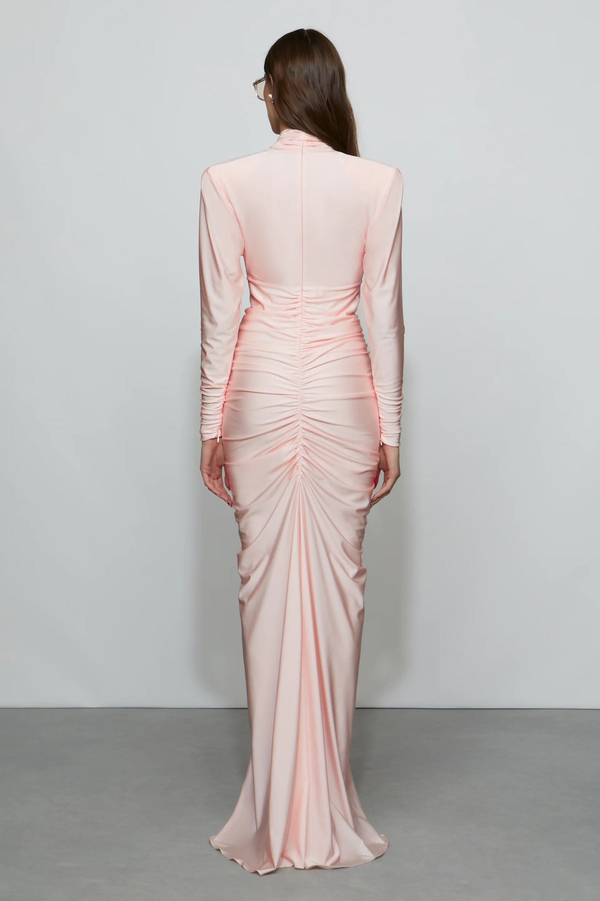 Romantic Blush Pink Satin Plunge V-Neck Long Sleeve Ruched Floor-Length Evening Dress