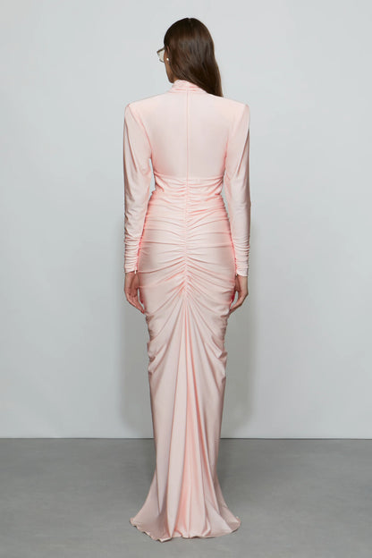 Romantic Blush Pink Satin Plunge V-Neck Long Sleeve Ruched Floor-Length Evening Dress