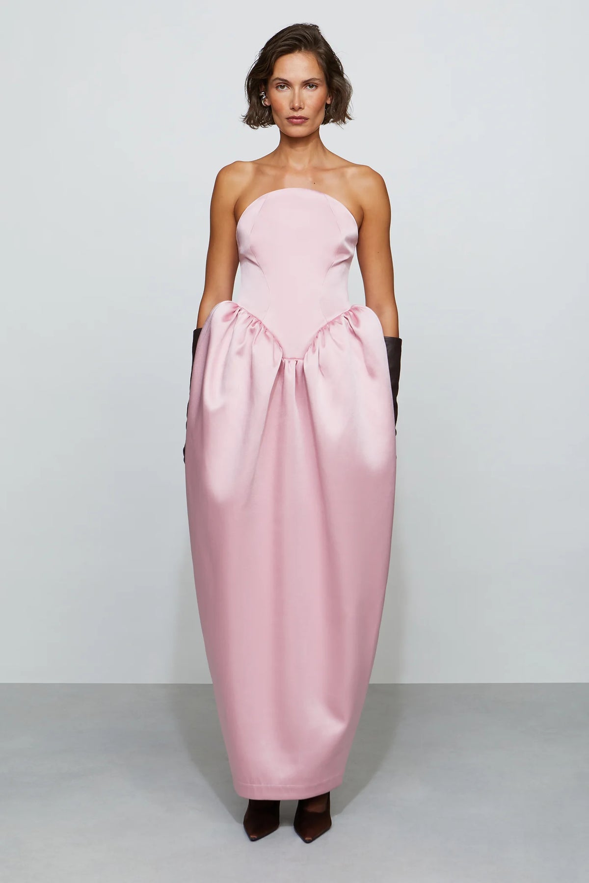 Romantic Blush Pink Strapless Sculptural Bubble Waist Floor-Length Evening Dress