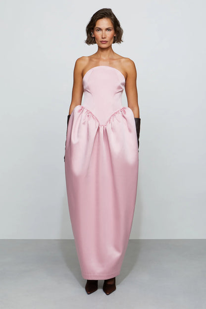 Romantic Blush Pink Strapless Sculptural Bubble Waist Floor-Length Evening Dress