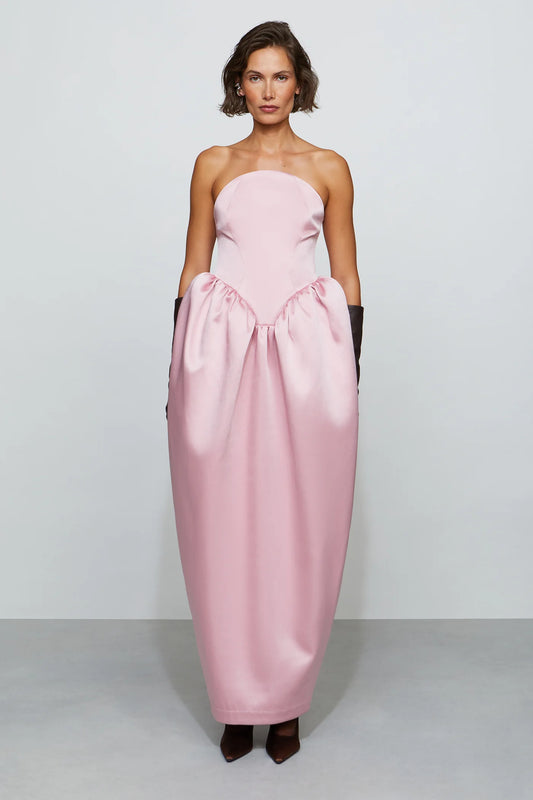 Romantic Blush Pink Strapless Sculptural Bubble Waist Floor-Length Evening Dress