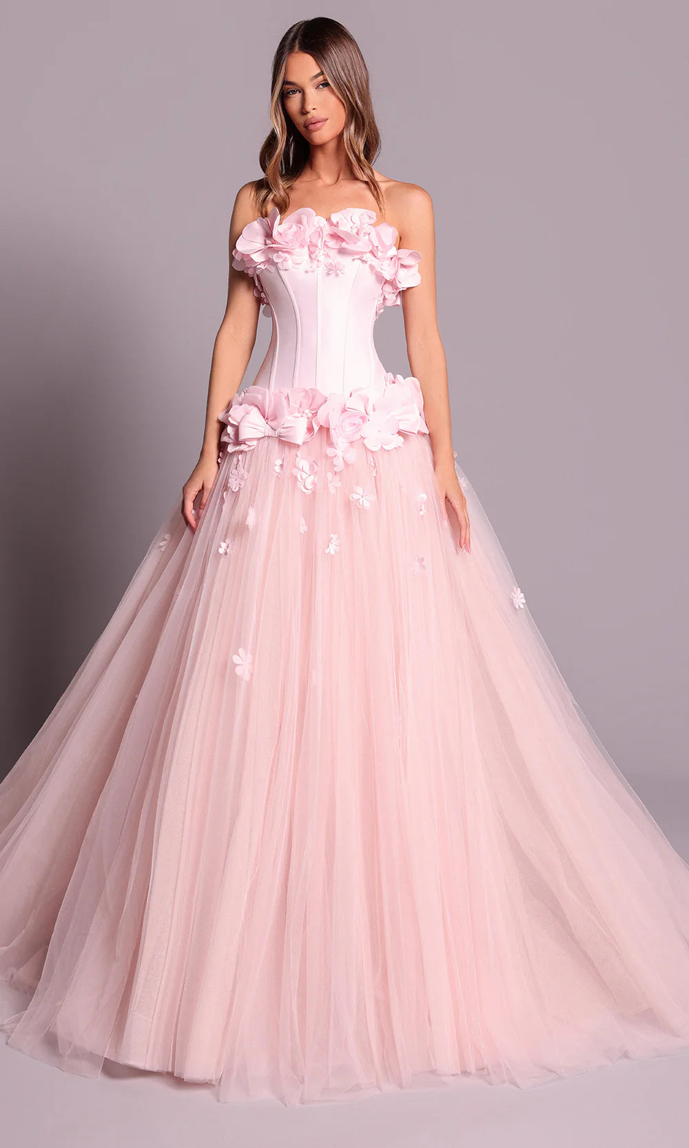 Romantic Blush Pink Tulle Strapless 3D Floral Embellished Ballgown Evening Dress