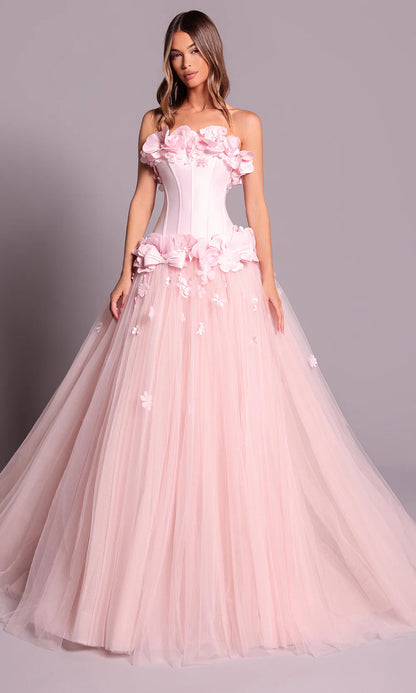 Romantic Blush Pink Tulle Strapless 3D Floral Embellished Ballgown Evening Dress