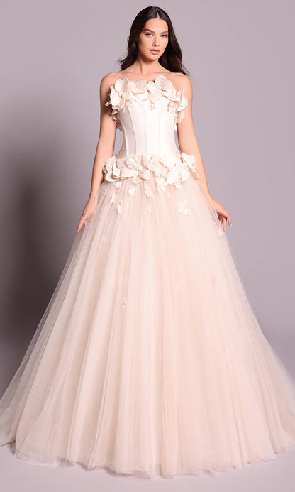 Romantic Blush Pink Tulle Strapless 3D Floral Embellished Ballgown Evening Dress