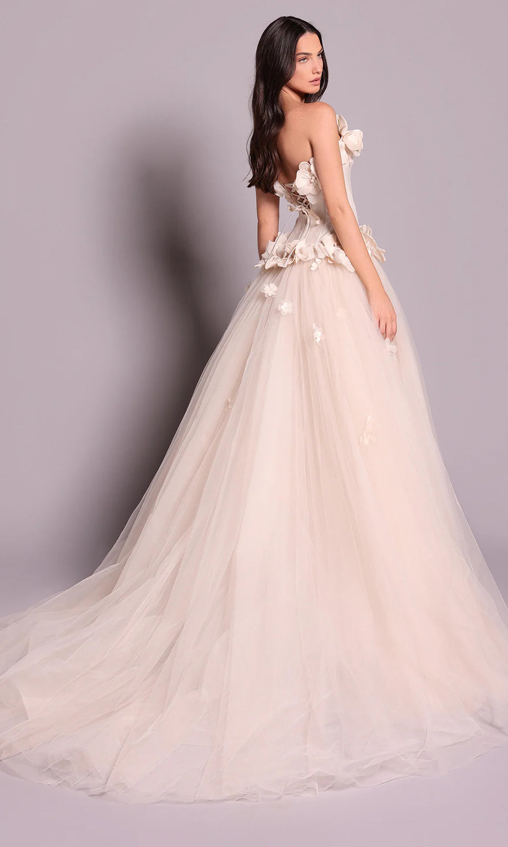 Romantic Blush Pink Tulle Strapless 3D Floral Embellished Ballgown Evening Dress
