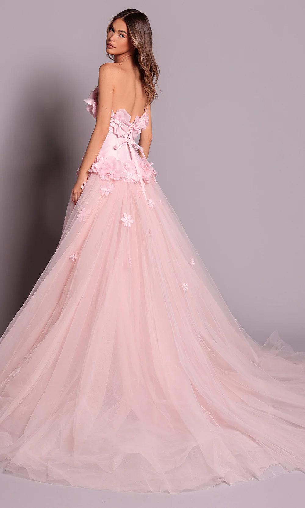 Romantic Blush Pink Tulle Strapless 3D Floral Embellished Ballgown Evening Dress