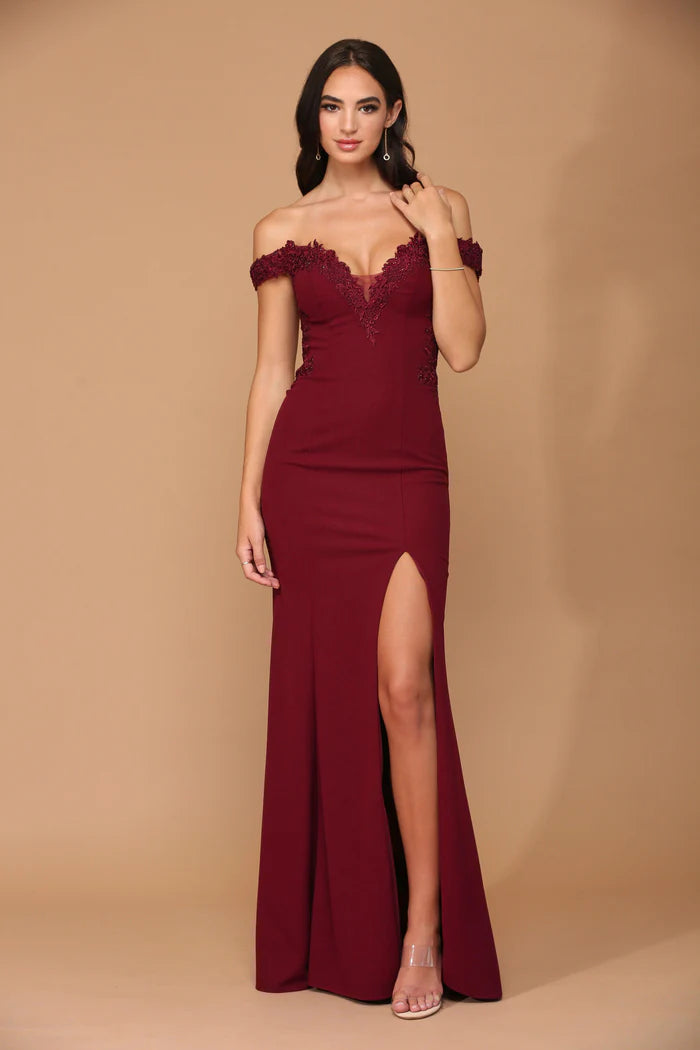 Romantic Burgundy Off-the-Shoulder with Lace Applique Bodice, Sheer Mesh Panels and Mermaid Evening Dress