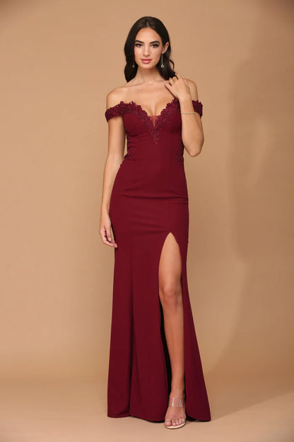 Romantic Burgundy Off-the-Shoulder with Lace Applique Bodice, Sheer Mesh Panels and Mermaid Evening Dress