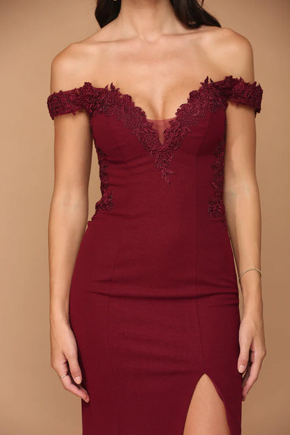 Romantic Burgundy Off-the-Shoulder with Lace Applique Bodice, Sheer Mesh Panels and Mermaid Evening Dress