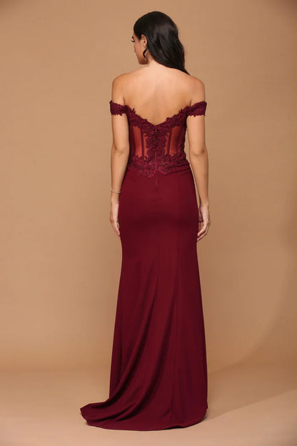 Romantic Burgundy Off-the-Shoulder with Lace Applique Bodice, Sheer Mesh Panels and Mermaid Evening Dress