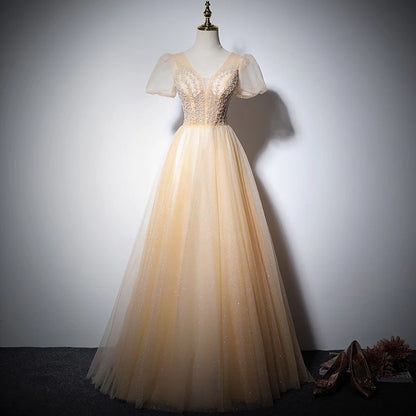 Romantic Champagne Glitter Tulle A-Line V-Neck Puff-Sleeve Beaded Lace-Up Back Floor-Length Evening Dress