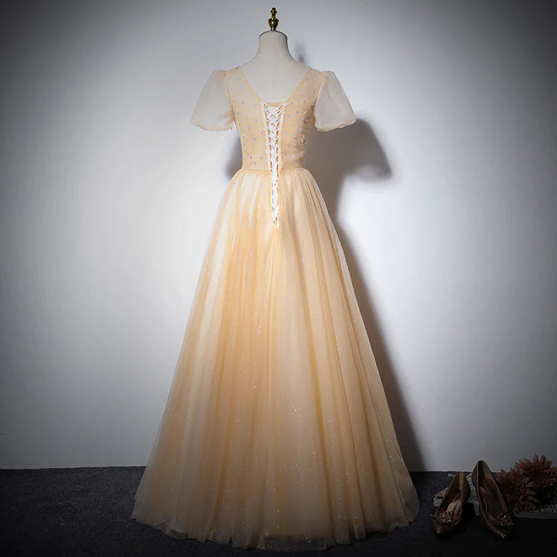 Romantic Champagne Glitter Tulle A-Line V-Neck Puff-Sleeve Beaded Lace-Up Back Floor-Length Evening Dress