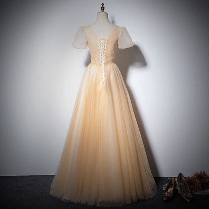 Romantic Champagne Glitter Tulle A-Line V-Neck Puff-Sleeve Beaded Lace-Up Back Floor-Length Evening Dress