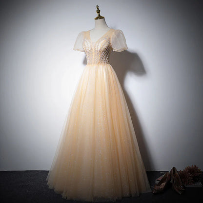 Romantic Champagne Glitter Tulle A-Line V-Neck Puff-Sleeve Beaded Lace-Up Back Floor-Length Evening Dress