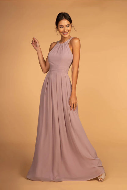 Romantic Dusty Lavender Halter with Lace Applique Back, Ruched Waist and Flowy A-Line Evening Dress