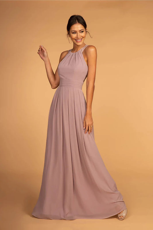 Romantic Dusty Lavender Halter with Lace Applique Back, Ruched Waist and Flowy A-Line Evening Dress