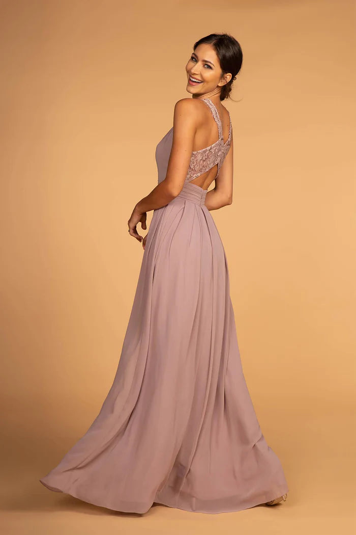 Romantic Dusty Lavender Halter with Lace Applique Back, Ruched Waist and Flowy A-Line Evening Dress