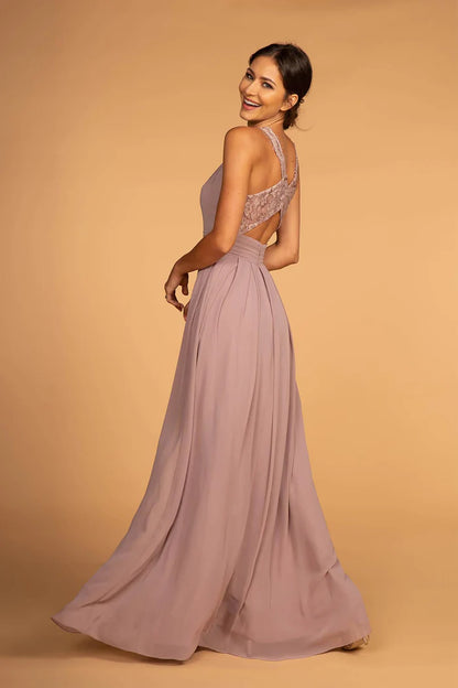 Romantic Dusty Lavender Halter with Lace Applique Back, Ruched Waist and Flowy A-Line Evening Dress