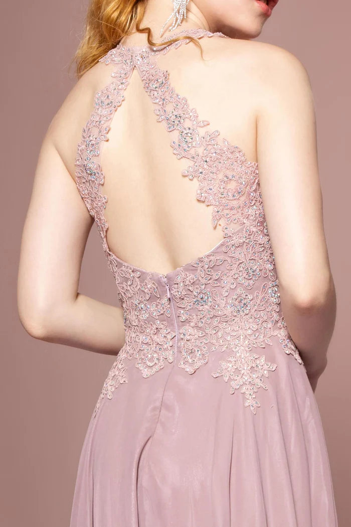 Romantic Dusty Lavender Halter with Lace Applique Bodice, Open Back and Cathedral Train Evening Dress