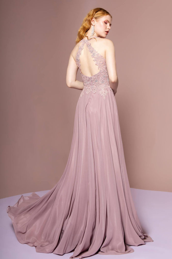 Romantic Dusty Lavender Halter with Lace Applique Bodice, Open Back and Cathedral Train Evening Dress