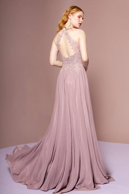 Romantic Dusty Lavender Halter with Lace Applique Bodice, Open Back and Cathedral Train Evening Dress