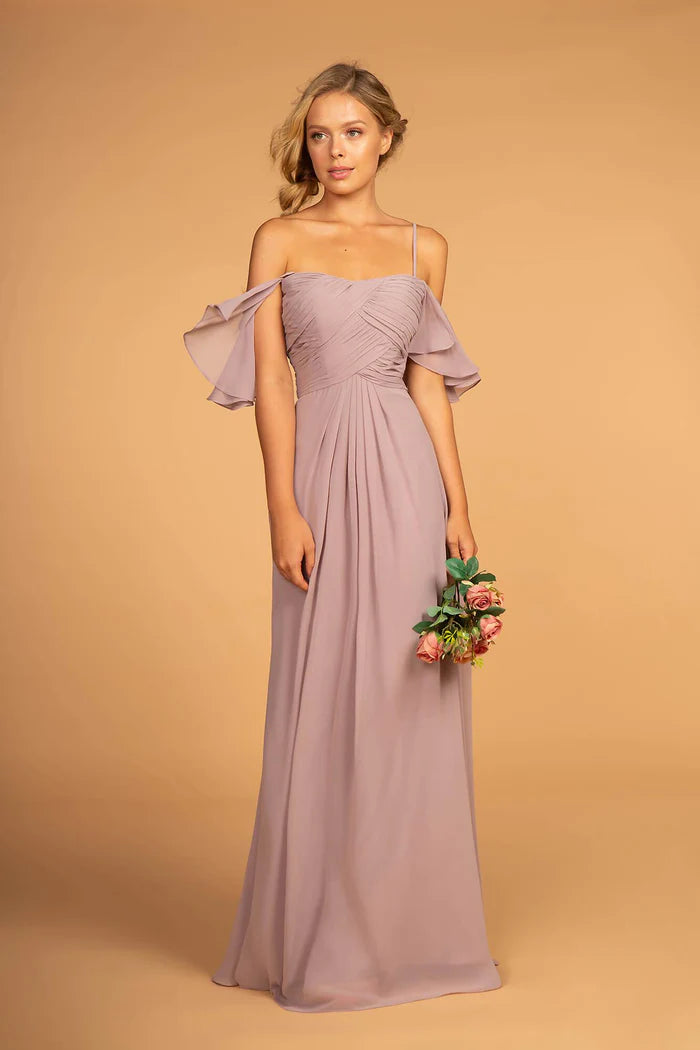 Romantic Dusty Lavender Off-the-Shoulder with Chiffon Flutter Sleeves, Ruched Bodice and Flowy A-Line Evening Dress