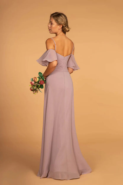 Romantic Dusty Lavender Off-the-Shoulder with Chiffon Flutter Sleeves, Ruched Bodice and Flowy A-Line Evening Dress