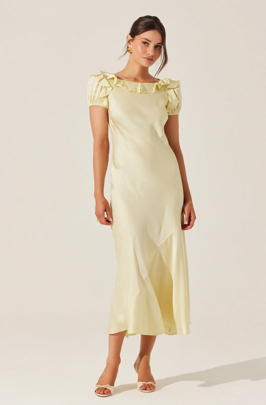 Romantic Fitted Ruffle Neck Puff Sleeve Open Back Midi Evening Dress