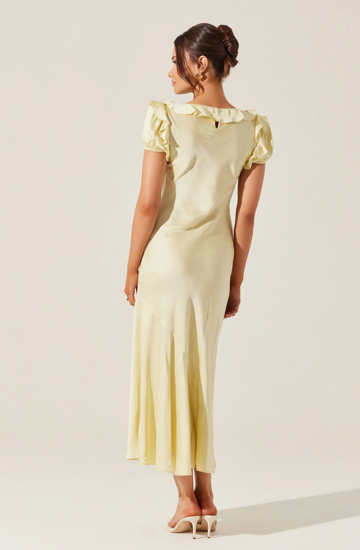 Romantic Fitted Ruffle Neck Puff Sleeve Open Back Midi Evening Dress