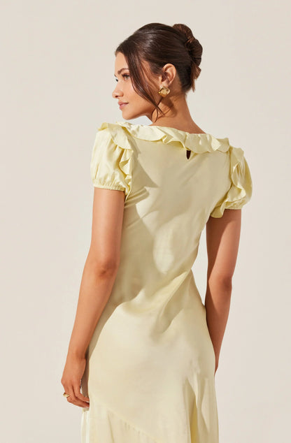 Romantic Fitted Ruffle Neck Puff Sleeve Open Back Midi Evening Dress