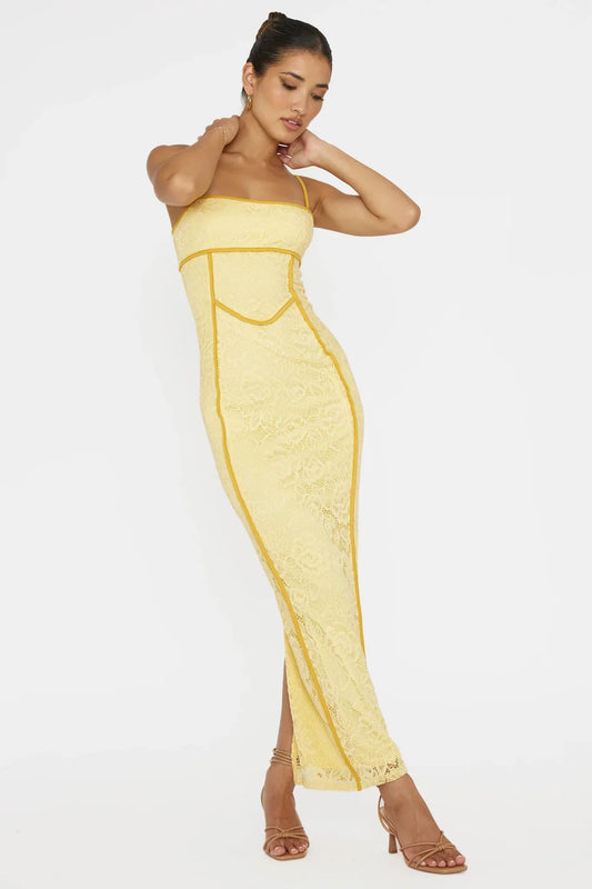 Romantic Fitted Square Neck Contrast Piping Lace Maxi Evening Dress