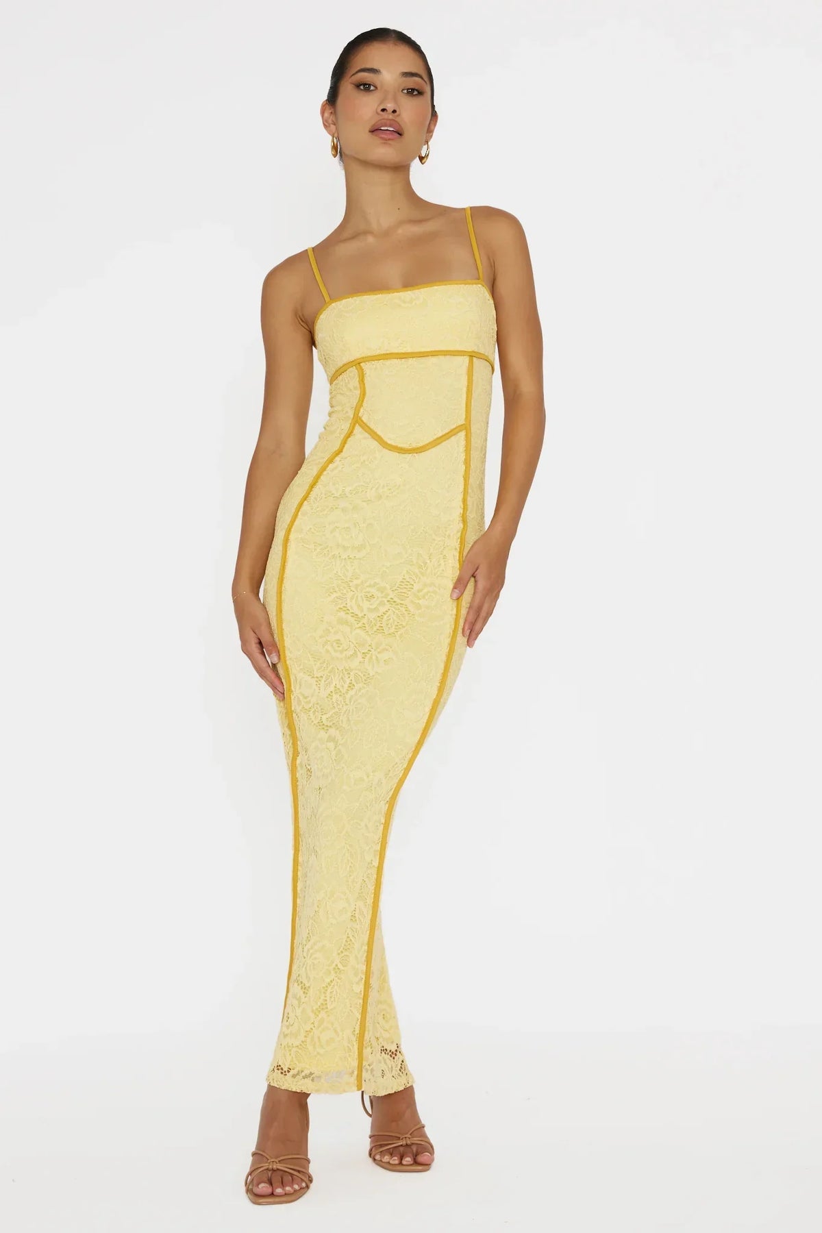 Romantic Fitted Square Neck Contrast Piping Lace Maxi Evening Dress